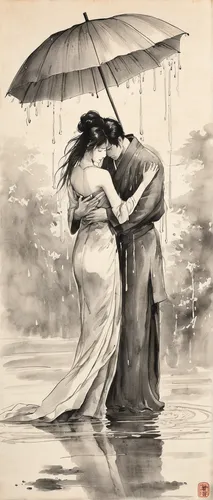 love in the mist,in the rain,romantic scene,umbrellas,walking in the rain,brolly,lover's grief,rain,rainy day,heavy rain,honeymoon,rainy,raining,romantic portrait,dancing couple,amorous,monsoon,umbrella,rains,young couple,Illustration,Paper based,Paper Based 30