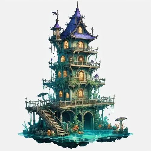 house of the sea,sea fantasy,yamatai,seafort,floating island,oceanica,Illustration,Abstract Fantasy,Abstract Fantasy 11