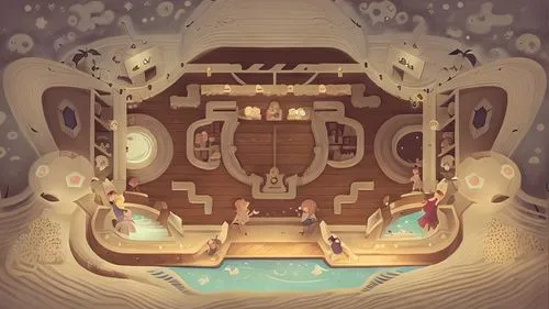 ufo interior,spaceship space,space port,mushroom island,fractal environment,atlantis,underwater playground,game illustration,panoramical,ancient house,chamber,rooms,sci fiction illustration,house of the sea,dungeon,vault,treasure hall,engine room,treasure house,gold castle,Game&Anime,Doodle,Children's Animation