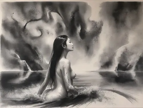 charcoal drawing,llorona,charcoal,albedo,rusalka,ugetsu,charcoal pencil,ink painting,tomie,hekate,siren,sirene,vampira,naiad,melancholia,girl on the river,sirenia,martyrium,fathom,underpainting,Illustration,Paper based,Paper Based 30