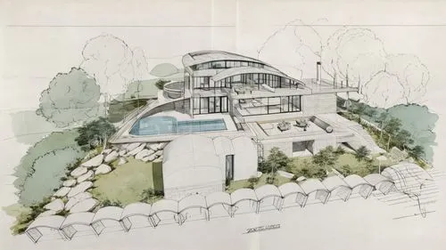 a drawing of a house with a pool in front,garden elevation,glasshouse,earthship,the palm house,palm house,cohousing,Unique,Design,Blueprint