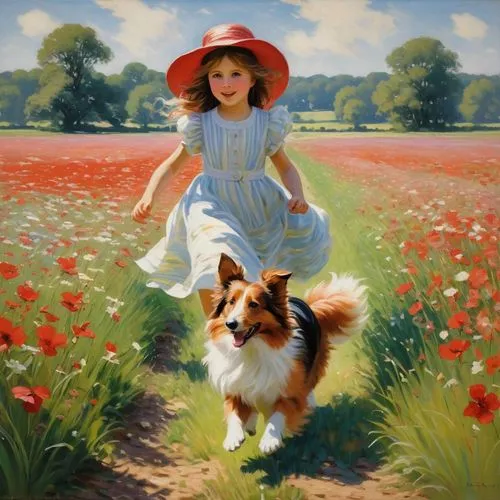 field of poppies,girl with dog,girl picking flowers,poppy fields,poppy field,red poppies,girl in flowers,field of flowers,flower field,girl in the garden,flowers field,walking in a spring,primavera,little girl in wind,blooming field,pittura,heatherley,red poppy on railway,shepherdess,poppy red,Art,Classical Oil Painting,Classical Oil Painting 15