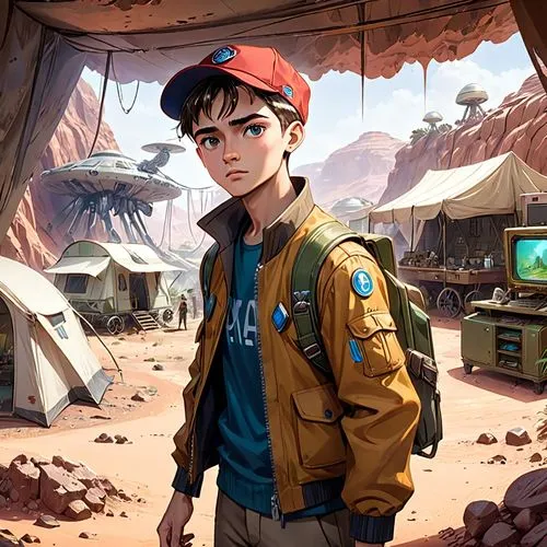 cg artwork,clementine,game illustration,scout,sci fiction illustration,desert background,blue-collar worker,mechanic,marco,miner,scrap dealer,wasteland,farmer,world digital painting,biologist,river pines,builder,refinery,camper,background image,Anime,Anime,General