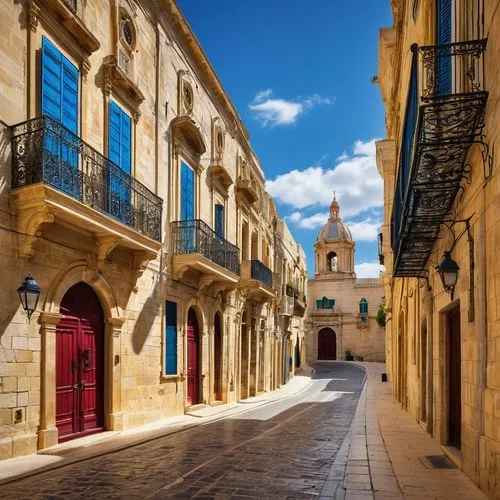 Malta, Mediterranean architecture, historic city, narrow streets, Baroque style buildings, grand entrance, ornate decorations, arched windows, balconies with iron railings, stone paved roads, vibrant 