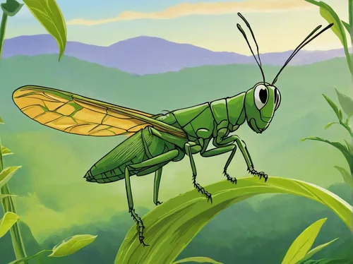 Write a heartwarming story about a determined grasshopper who overcomes adversity to save his community in A Bug's Life.,katydid,grasshopper,mantidae,membrane-winged insect,lacewing,winged insect,gree