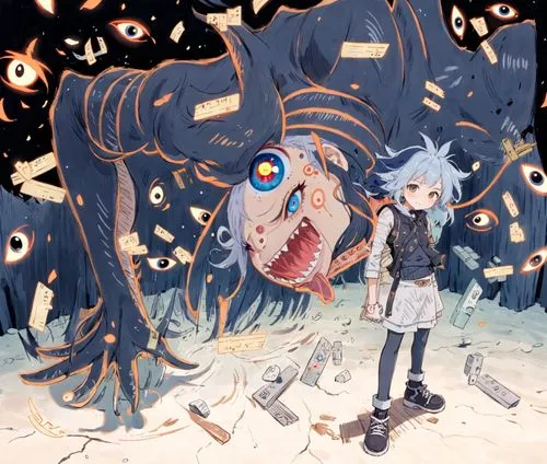 an image of anime characters being captured by a demonic monster,stevenstone,sugaya,shigaraki,soma,toshiro,descender,Anime,Anime,Traditional