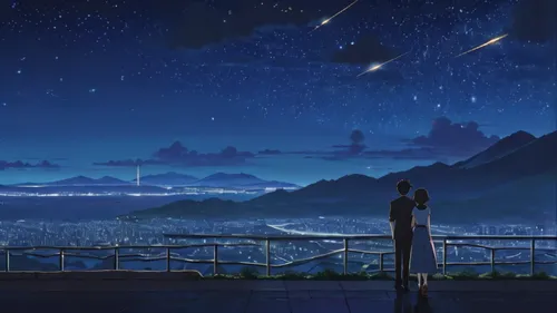 A wide-angle view captures the essence of a masterpiece, showcasing the impeccable quality and hyperrealism in the style of Makoto Shinkai. The scene depicts a breathtaking hillside where a couple's s