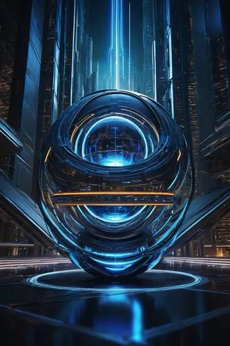 Futuristic tricore architecture, sleek metallic structure, three interconnected spheres, intricate circuitry patterns, glowing blue lines, neon lights, reflective surfaces, complex geometric shapes, m