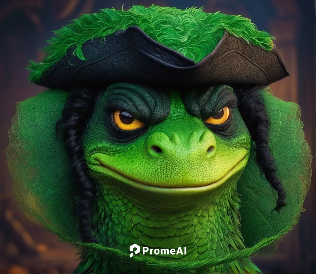 A green lizard-faced person with curled black hair and a pirate hat,scandia gnome,caique,witch's hat icon,fenek,moray,saurian,frog prince,little crocodile,marmoset,frog background,twitch icon,lokportr