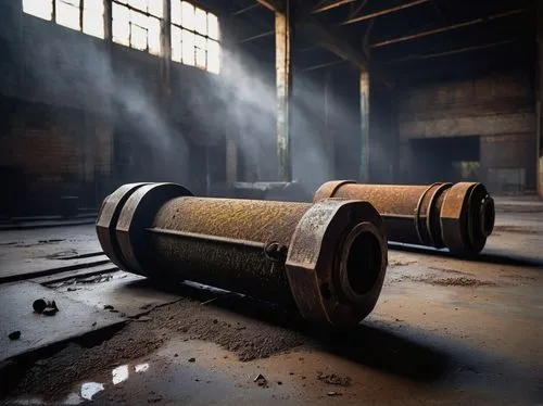 Industrial architectural bolts, rusty metallic texture, intricate thread details, large hexagonal heads, sturdy cylindrical shafts, scattered on a worn concrete floor, dimly lit abandoned factory, old