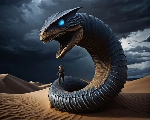 Giant sandworm, desert dune, fantasy creature, scaly body, sharp teeth, glowing blue eyes, sandy brown color, wrinkled skin, enormous size, curvy shape, attacking pose, stormy weather, dark clouds, li