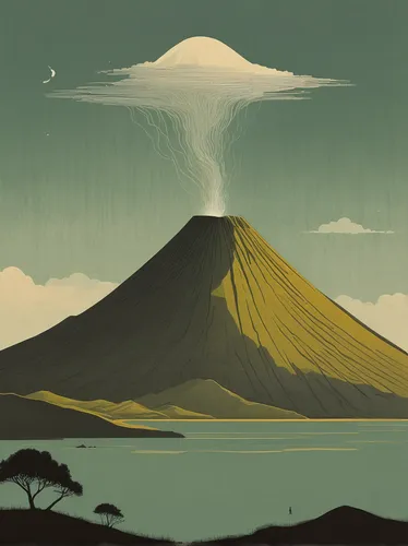 stratovolcano,volcano,volcanic landscape,kilimanjaro,mushroom cloud,krafla volcano,volcanoes,gorely volcano,volcanism,mount taranaki,altiplano,volcanos,taranaki,the volcano avachinsky,volcanic field,the volcano,cloud mountain,shield volcano,tambora,mount kilimanjaro,Illustration,Japanese style,Japanese Style 08