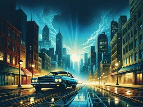 an old car is traveling in the city at night,witwicky,cosmopolis,deakins,black city,motorcity,jablonsky,Illustration,Realistic Fantasy,Realistic Fantasy 25