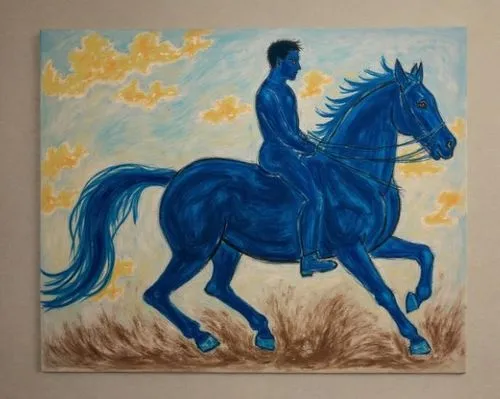 a picture of a painting of a man riding a horse,painted horse,man and horses,horseman,black horse,magritte,cheval