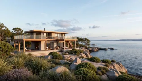 Coastal residence, ocean views, wave-inspired fa\u00e7ade, recycled glass walls, driftwood accents, sea salt-weathered wood, beachy color palette, natural ventilation systems, solar panels, green roof