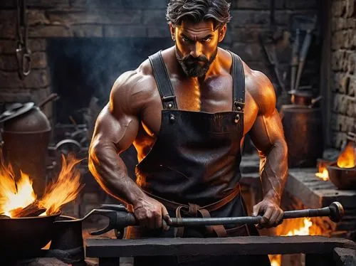 Muscular male blacksmith, powerful build, strong facial features, short beard, messy hair, leather apron, heavy hammer, glowing hot metal, fiery sparks, dark mysterious eyes, intense gaze, dramatic li