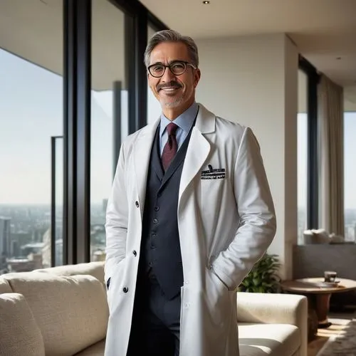 Dr Homey, male, middle-aged, bespectacled, short hair, casual wear, white coat, stethoscope around neck, warm smile, standing, modern interior, luxurious living room, large windows, city view, afterno