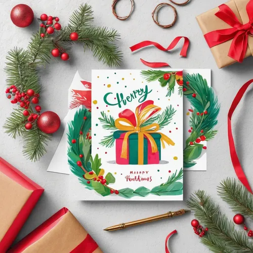 Craft vibrant Christmas cards with cheerful characters, colorful gifts, and holiday wreaths. Design a lively ambiance for a joyful and spirited festive occasion.,watercolor christmas background,christ