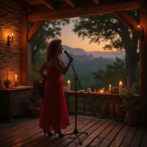 Rural concert house experience, evening time, warm sunset glow, wooden stage, vintage microphone, rustic stone walls, dim candle lighting, cozy atmosphere, mature lady singer, curly brown hair, elegan