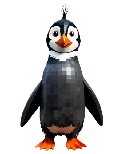 Small pixel art penguin, cute, cartoonish, black and white feathers, red beak, little flippers, solo, standing, looking up, happy expression, 3D low poly style, vibrant colors, soft shading, whimsical