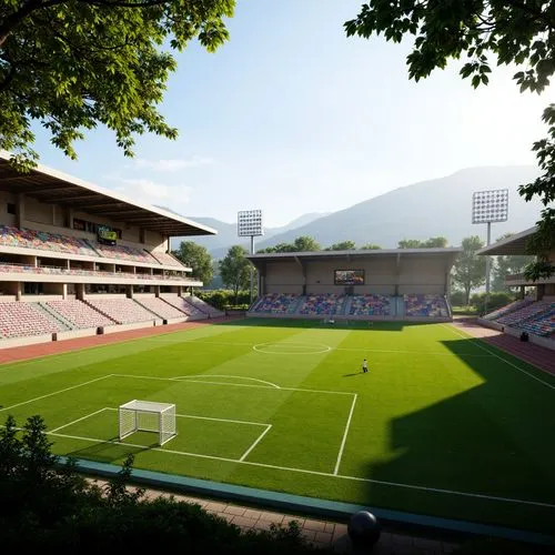 Lush green turf, stadium seating, athletic track lanes, sports field lighting, goalposts, soccer balls, vibrant team colors, modern architecture, curved lines, minimalist design, sustainable drainage 