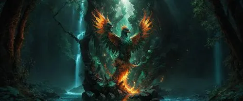 forest dragon,pillar of fire,burning tree trunk,merlini,elashyi,sorceror,gradimir,drakenstein,flame spirit,samuil,forest fire,elemental,elven forest,alfheim,fantasy picture,garuda,firedrake,oxenhorn,forest fish,dragon fire