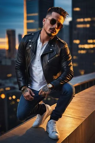 J Balvin, mature gentleman, stylish hair, beard, sunglasses, luxury watch, black leather jacket, white shirt, dark jeans, sneakers, leaning against a modern skyscraper, cityscape, urban landscape, eve