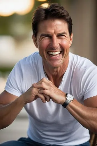 Middle-aged man, Tom Cruise, laughing, iconic meme face, bright blue eyes, wrinkles around eyes, slight grey hair, casual white T-shirt, dark jeans, relaxed posture, leaning back, hands behind head, f