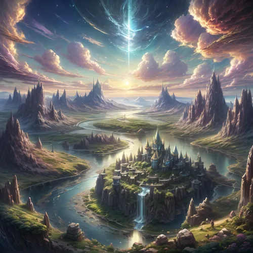 fantasy landscape,fantasy picture,fantasy art,futuristic landscape,fairy world,3d fantasy,fantasy world,mushroom landscape,alien world,arcanum,dream world,alien planet,landscape background,high landscape,firmament,an island far away landscape,terraforming,lunar landscape,aeolian landform,mountainous landscape