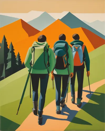 hikers,hiking equipment,travel poster,backpacking,trekking poles,trekking,mountain hiking,hiker,nordic walking,hike,highline trail,travelers,backpacker,alpine crossing,outdoor recreation,ski touring,trail searcher munich,mountaineers,low poly,hiking,Art,Artistic Painting,Artistic Painting 08