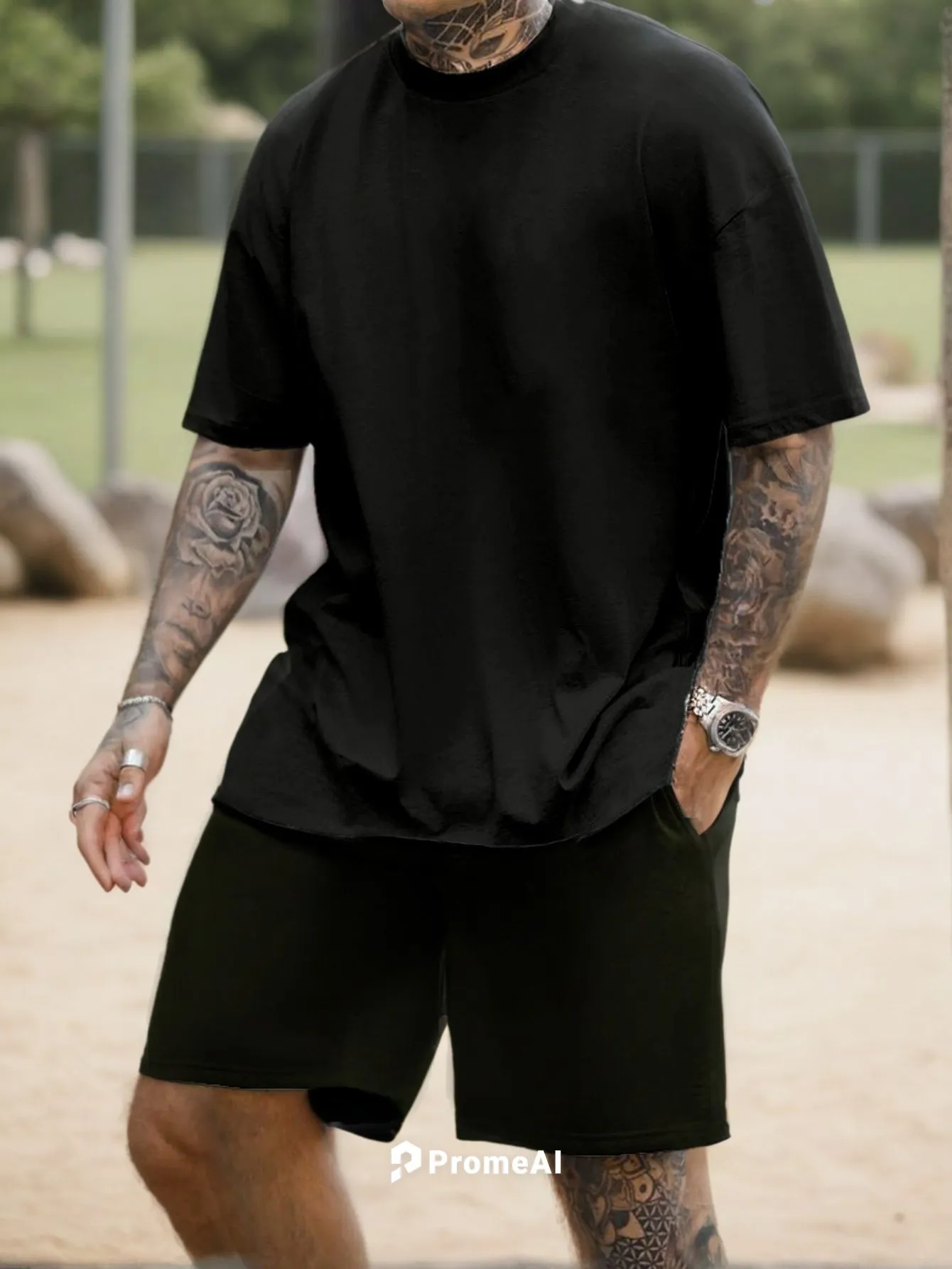 一个男子穿着休闲短裤，黑色T恤，在休闲区里,sleeve,rugby short,mac,touch football (american),tattoos,long-sleeved t-shirt,jogger,tattooed,long-sleeve,punk,active shirt,marshall,run,footballer,running,racketlon,skater,touch