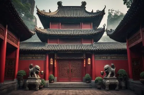 Ancient Chinese ba, traditional architectural style, intricately carved wooden doors, vibrant red walls, golden roof tiles, upturned eaves, majestic stone lions guarding the entrance, intricate lanter