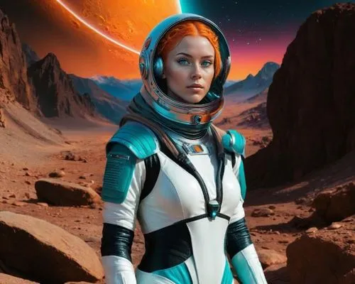 Make her full body, with a white and turquoise alien astronaut suit. Make the background, a rocky alien planet. Retro sci-fi. Synthwave style.,laureline,xeelee,andorian,liara,arisia,andromeda,cardassi