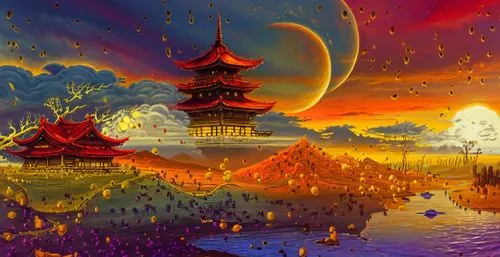 asian temple with sunset and clouds, paintings,fantasy landscape,cartoon video game background,discworld,shenlong,fantasy world,hall of supreme harmony,Illustration,Realistic Fantasy,Realistic Fantasy