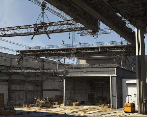 Create a hair-raising scenario where an overhead crane goes haywire.,danger overhead crane,gantry crane,loading dock,industrial hall,empty factory,cargo port,industrial landscape,warehouse,steel const