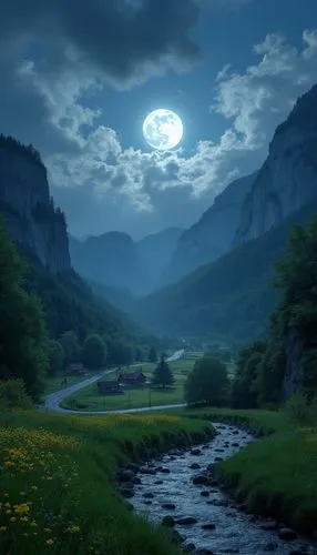 moonlit night,fantasy landscape,landscape background,moonlit,fantasy picture,beautiful landscape,Photography,General,Realistic