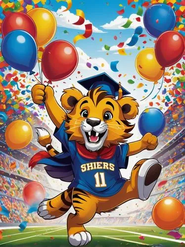 Cartoon, energetic, friendly, college/school mascot, lion, tiger, bear, wolf, eagle, dragon, colorful fur/feathers, shiny eyes, smiling face, dynamic pose, jumping, running, playing basketball/volleyb