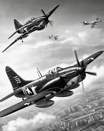 north american a-36 apache,supermarine spitfire,north american p-51 mustang,republic p-47 thunderbolt,grumman f9f panther,curtiss p-40 warhawk,vought f4u corsair,north american t-28 trojan,lockheed p-38 lightning,t28 trojan,focke-wulf fw 190,grumman f8f bearcat,ground attack aircraft,corsair,propeller-driven aircraft,lockheed hudson,formation flight,westland terrier,mustang tails,grumman f6f hellcat,Illustration,Black and White,Black and White 35