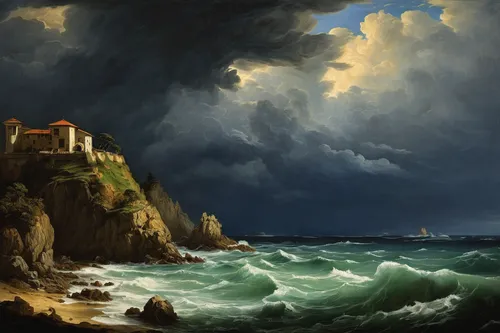 coastal landscape,sea landscape,landscape with sea,sea storm,frederic church,thomas moran,stormy sea,robert duncanson,seascape,andreas achenbach,storm,joseph turner,rocky coast,cliff coast,storm clouds,stormy,light house,seascapes,the wind from the sea,saint martin,Art,Classical Oil Painting,Classical Oil Painting 26