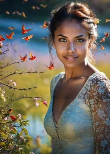 Es un sueño, En el paraíso perdido, atardecer en plena primavera multicolor, Ella es un dulce sueño que jamás se hará realidad, pequeñas aves multicolor revoloteando a su alrededor, imagen de cuerpo e