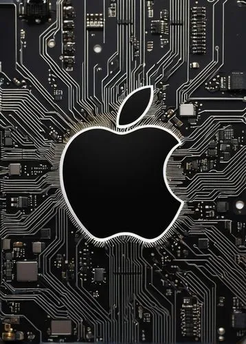 Apple M3 chip, futuristic, sleek design, silver metal casing, intricate circuitry patterns, tiny ventilation holes, LED indicator lights, compact motherboard, high-performance CPU, advanced GPU, AI-po