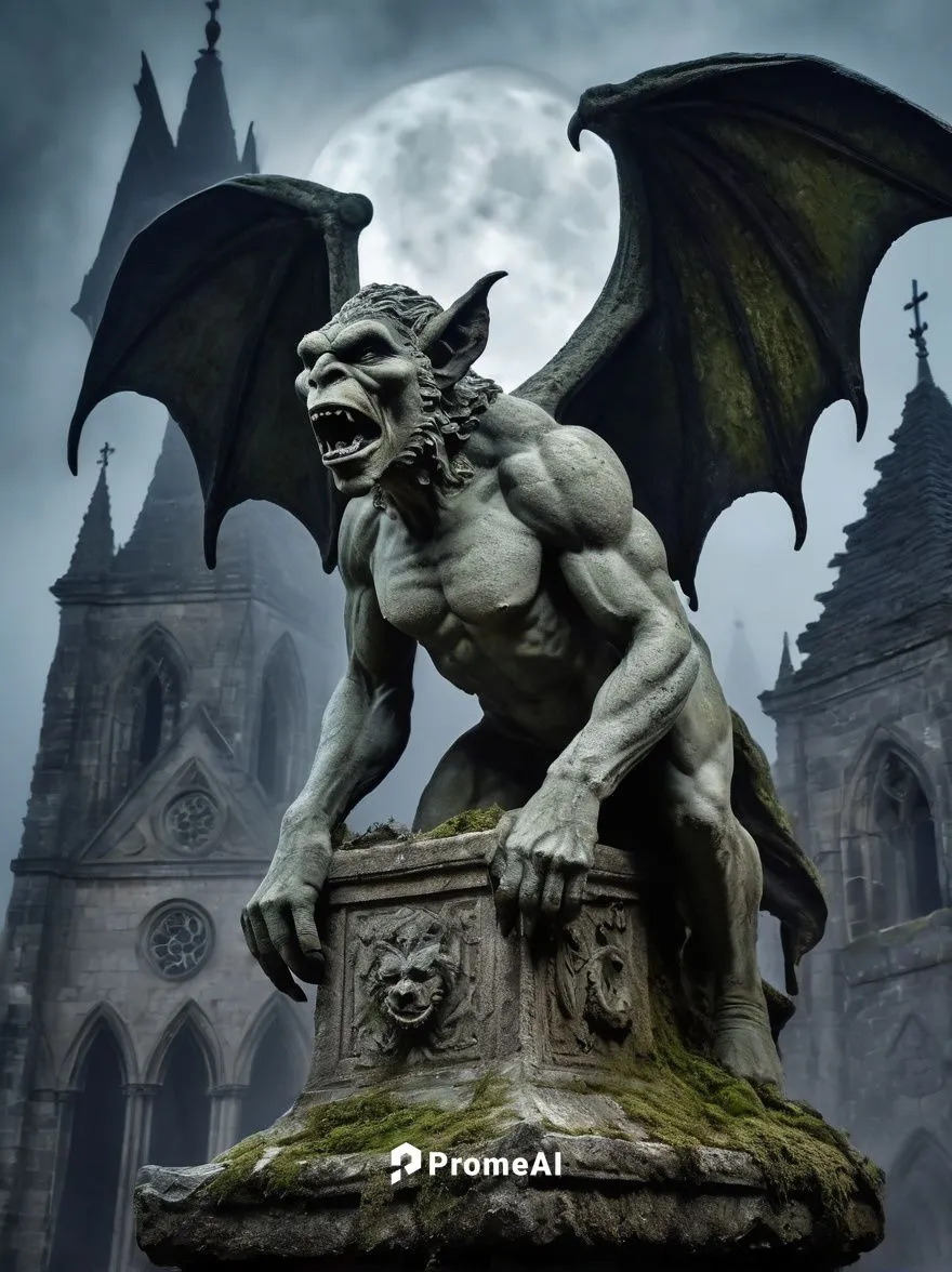 Gothic gargoyles, stone statue, mythical creature, wings spread wide, sharp claws, menacing facial expression, intricate stone carvings, ancient church, mysterious atmosphere, moonlit night, foggy bac