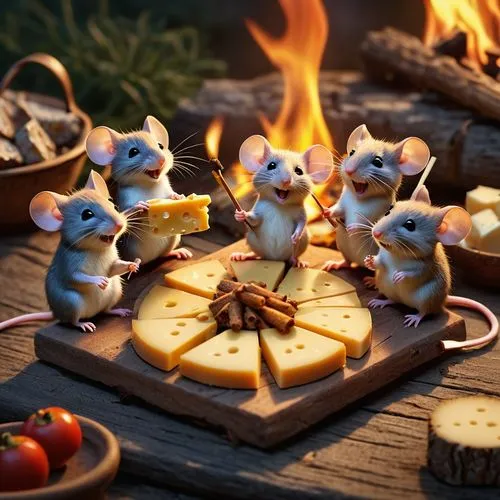 A mouse and his Friends having a campfire on top of a mousetrap. Pieces of cheese on a stick. Laughs and smiles.  Pixar Style,ratatouille,vintage mice,mice,white footed mice,campfire,rodentia icons,mo