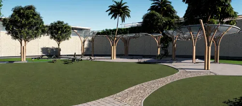 Designing an outdoor garden at the university with sunlight, a gathering area for playing bicycles and large transparent wooden umbrellas. Palm trees and stone paths, modern style, integrated landscap