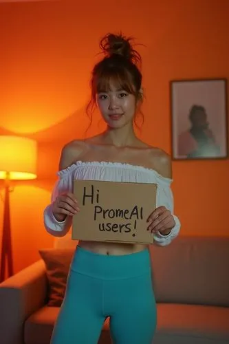 A 21yo petite model girl with light brown hair in a messy bun is holding a cardboard sign that reads \"Hi PromeAI users!, \" wearing a white off-shoulder top, full body, a turqoise tight seamless legg