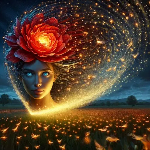 cosmic flower,flower in sunset,passion bloom,fire flower,mystical portrait of a girl,fantasy picture,girl in flowers,elven flower,flora,fae,way of the roses,fairy peacock,flame flower,girl in a wreath,fantasy portrait,the hat of the woman,sun roses,flower art,flowers celestial,fractals art