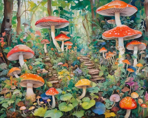 Magical garden filled with colorful magic mushrooms,mushroom landscape,forest mushrooms,toadstools,mushrooms,fairy forest,mushroom island,umbrella mushrooms,forest mushroom,forest floor,cartoon forest