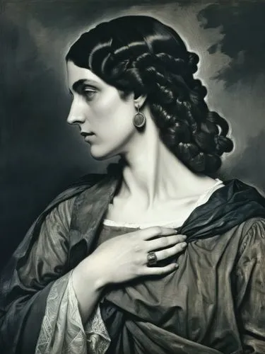 Impressively transform the famous work of the German painter Anselm Feuerbach from the late 19th century into some sexy black and white graphics.,an old fashion portrait of a woman,melpomene,herodias,