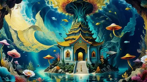 a painting of a pagoda surrounded by blue sea water,fairy world,fairy village,fairyland,fantasy world,under sea,cartoon video game background,Illustration,Realistic Fantasy,Realistic Fantasy 39