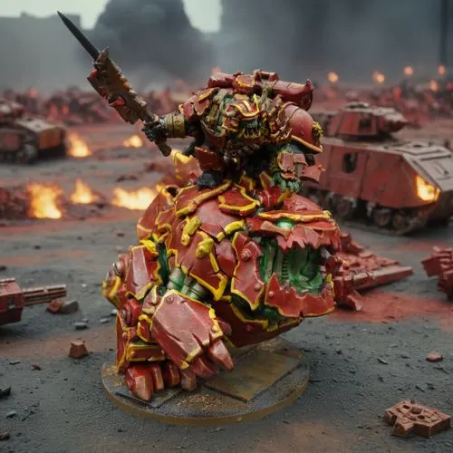 a warhammer 40k battlefield with fallen itans,40K ork kaiju bot ona battlefield,dakka,warhammer,ork